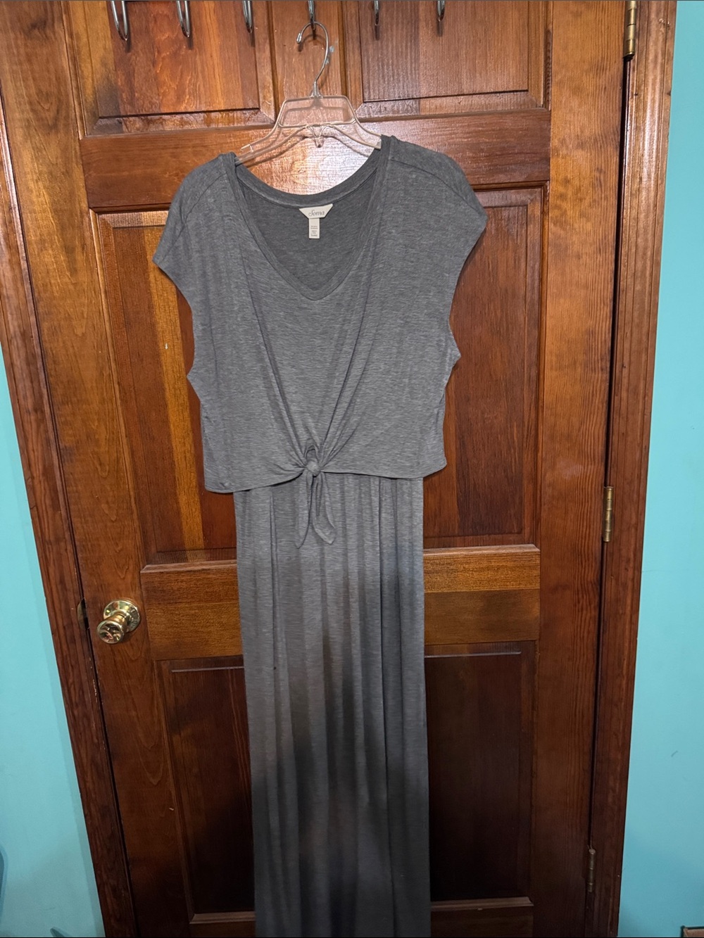 Soma Tie-Front Gray Maxi Dress with V-Neck with pockets